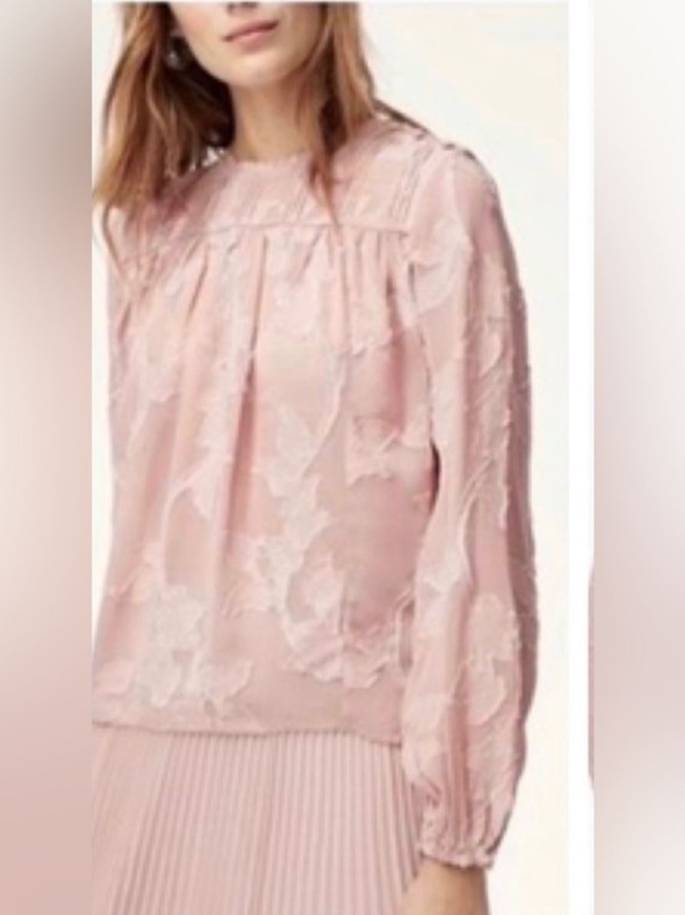Aritzia Wilfred whimsy romantic Blush Pink Lace-Textured Long-Sleeve Blouse